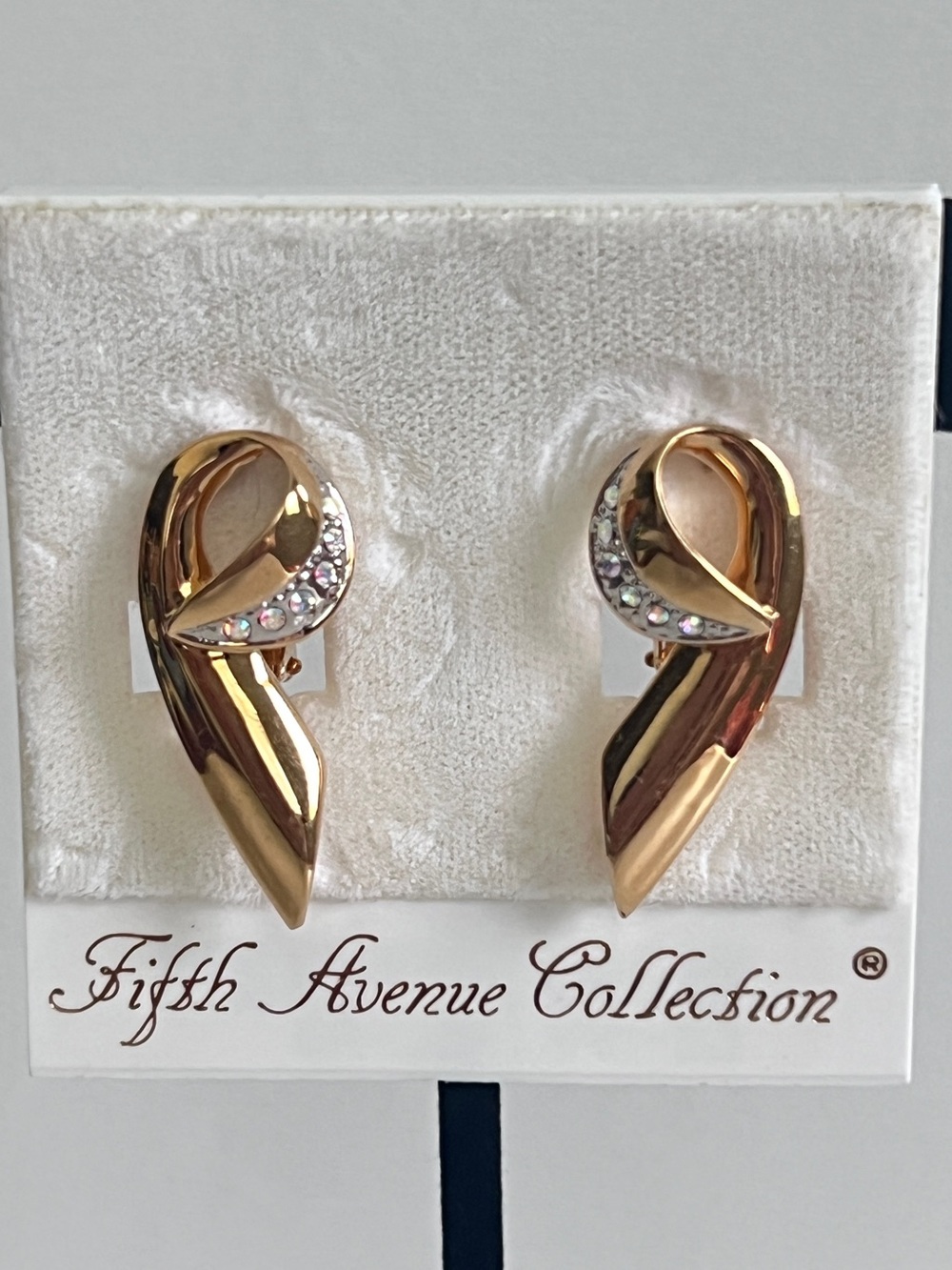 Vintage Fifth Avenue Gold Tone Swarovski Crystal Accent Clip-On Ribbon Earrings